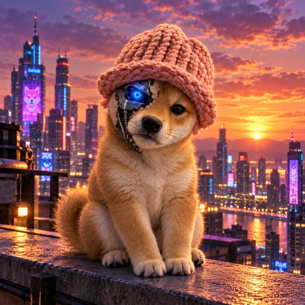 Cybernetic Shiba Inu sitting above a futuristic city at sunset