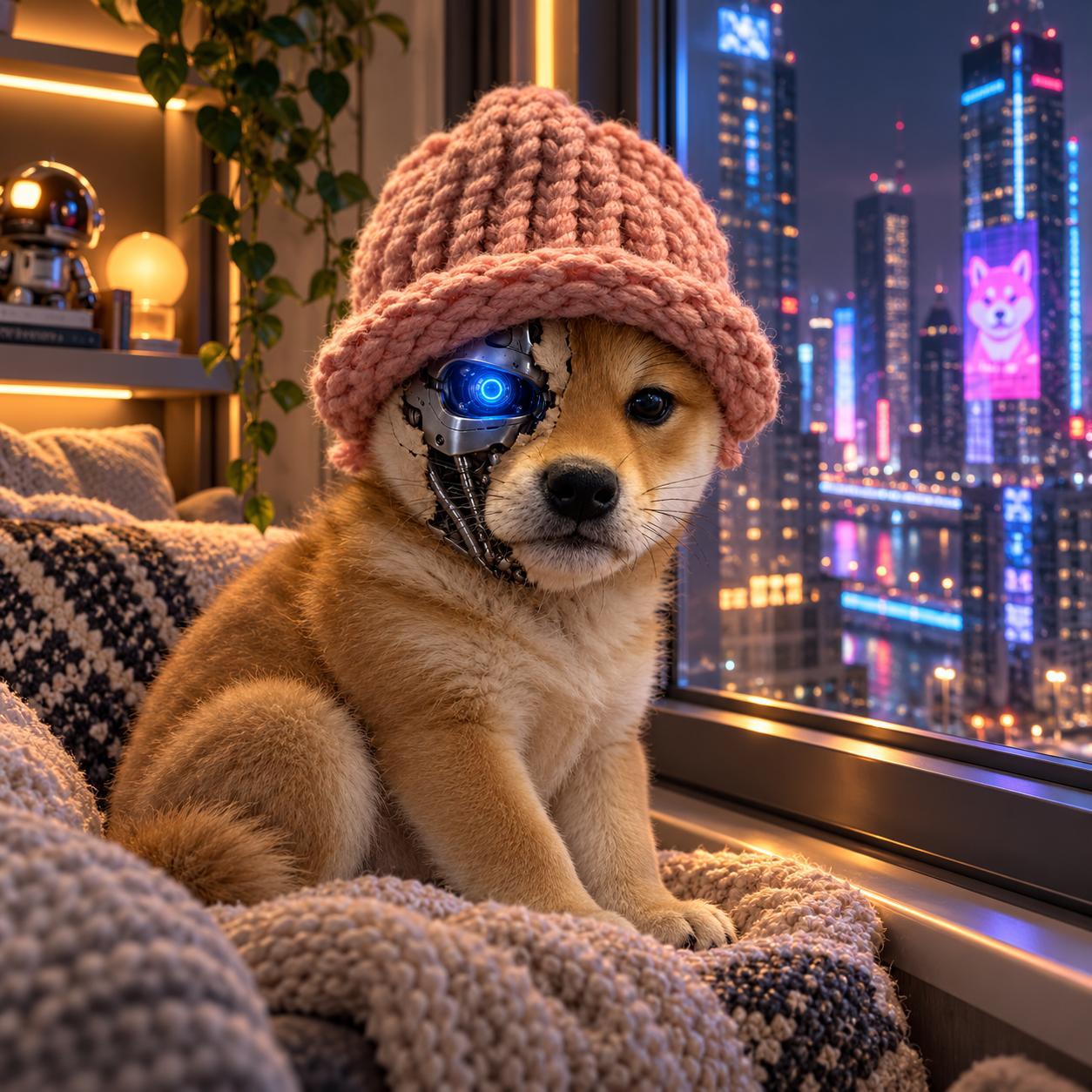 Cybernetic Shiba Inu resting by a warm window overlooking the neon skyline