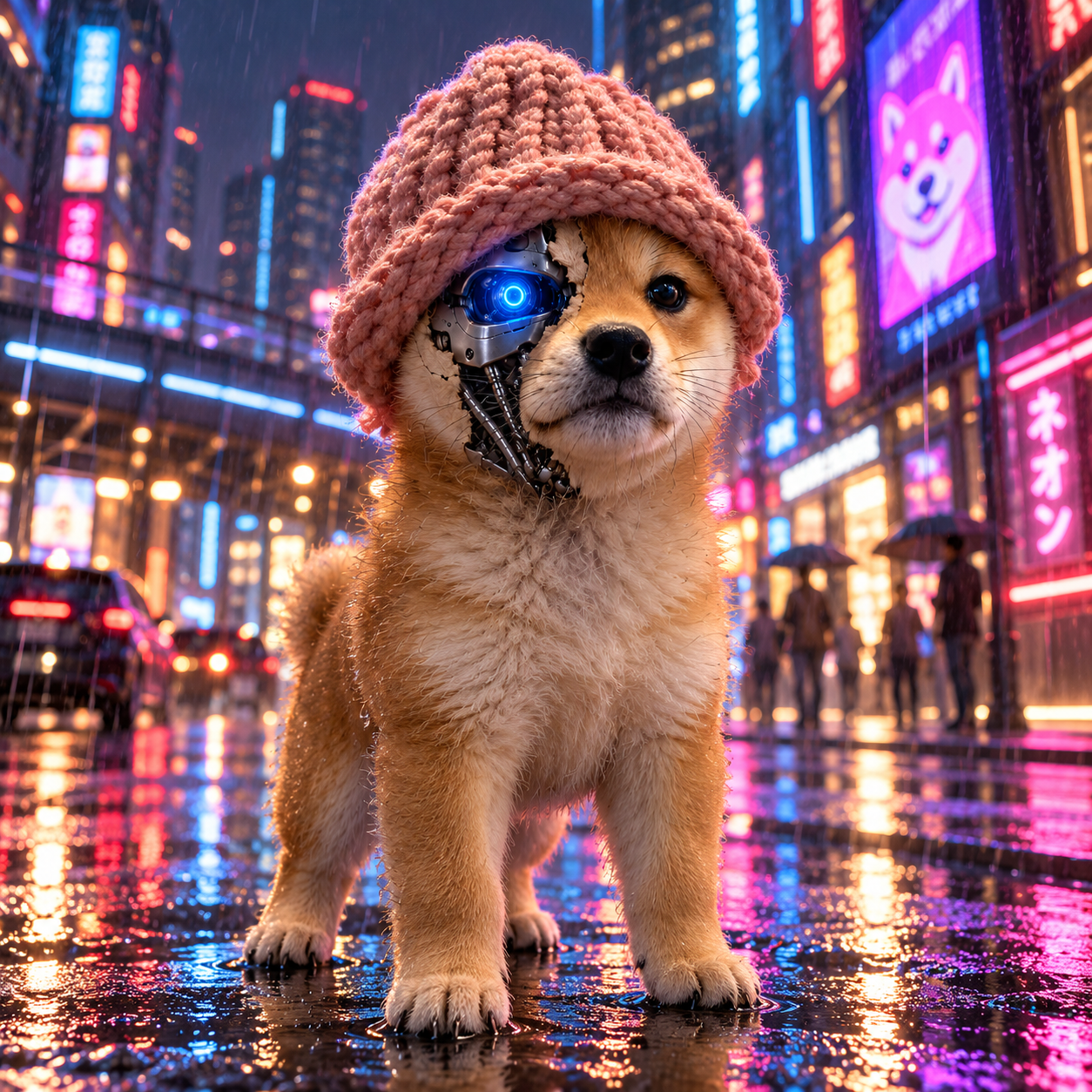 Cyber Shiba Inu standing in a neon city on a rainy evening